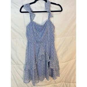 Altar State Floral Ruffle Strap Mini Dress Blue White Womens Size Medium